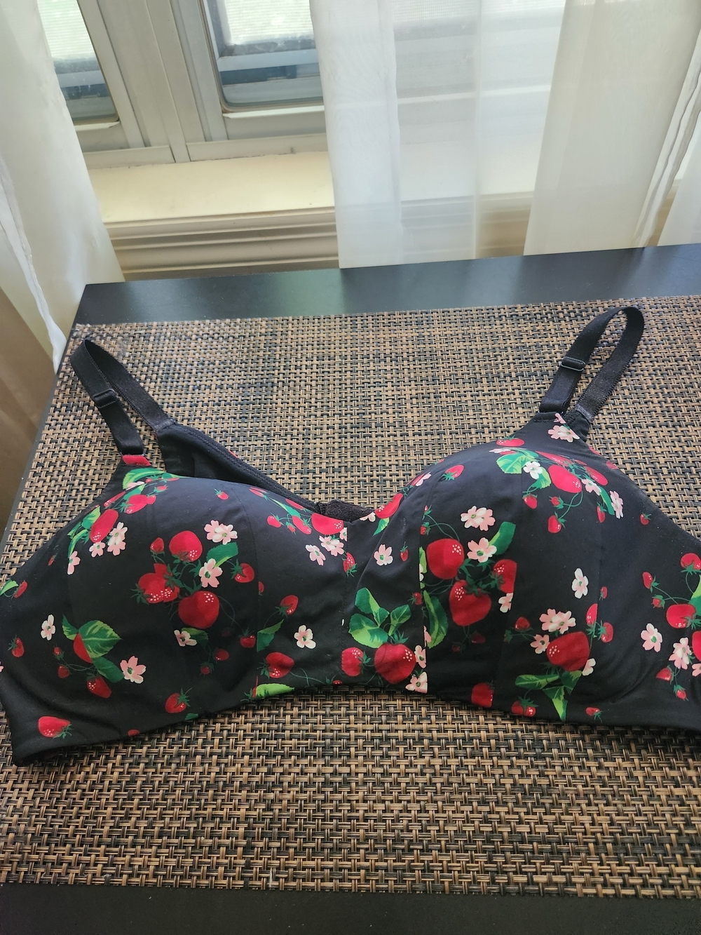 Black Strawberry Print Underwire Bra with Adjustable Straps